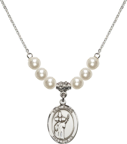 Sterling Silver Saint Aidan of Lindesfarne Birthstone Necklace with Faux-Pearl Beads - 8381