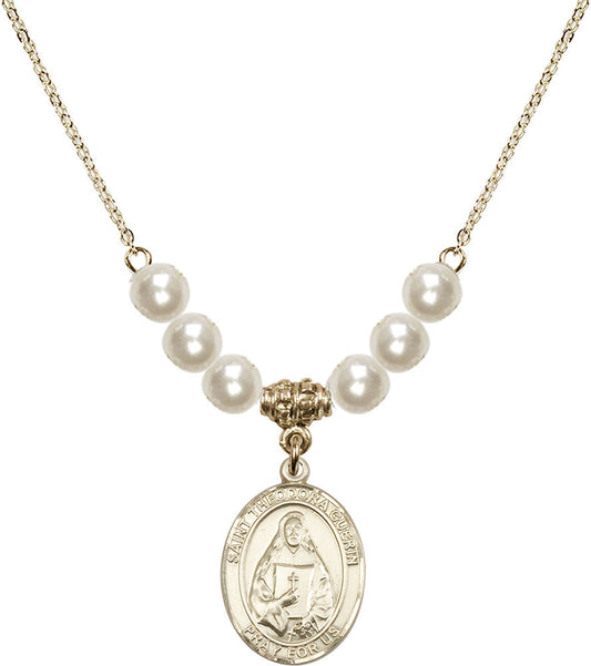 14kt Gold Filled Saint Theodora Birthstone Necklace with Faux-Pearl Beads - 8382