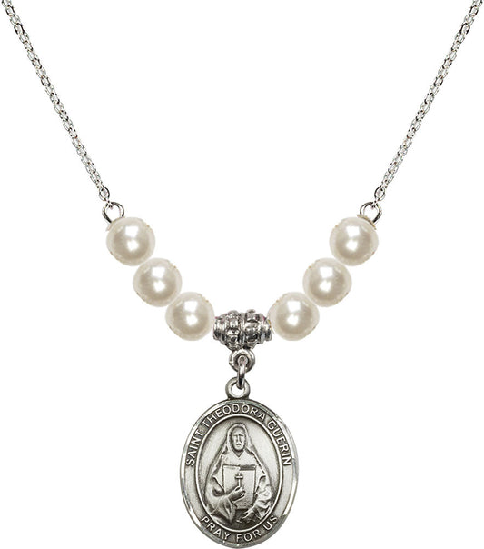 Sterling Silver Saint Theodora Birthstone Necklace with Faux-Pearl Beads - 8382