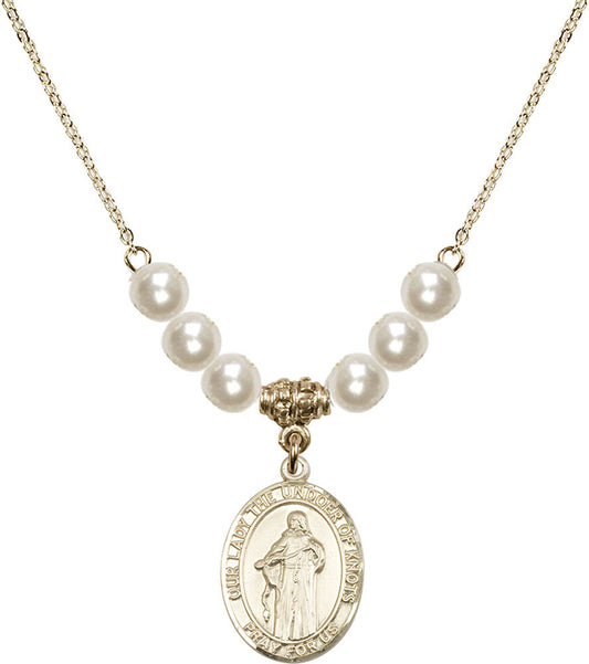14kt Gold Filled Our Lady the Undoer of Knots Birthstone Necklace with Faux-Pearl Beads - 8383