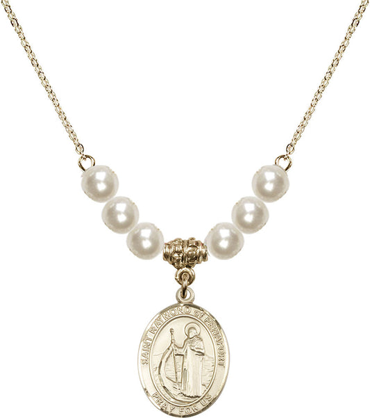 14kt Gold Filled Saint Raymond of Penafort Birthstone Necklace with Faux-Pearl Beads - 8385