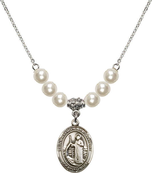 Sterling Silver Saint Raymond of Penafort Birthstone Necklace with Faux-Pearl Beads - 8385