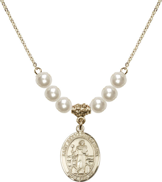 14kt Gold Filled Saint Bernadine of Sienna Birthstone Necklace with Faux-Pearl Beads - 8387