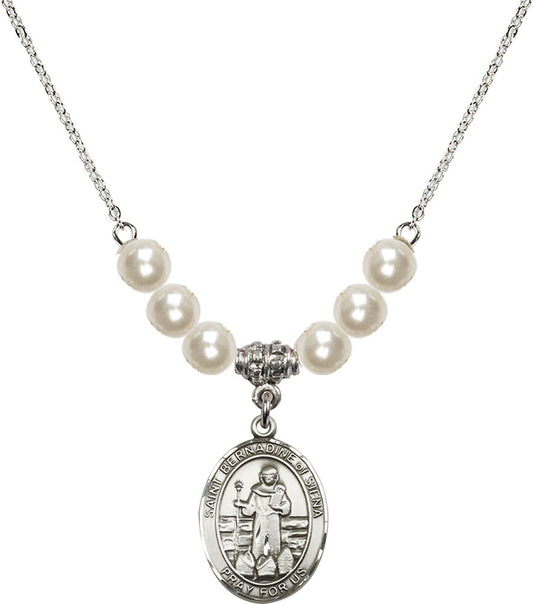 Sterling Silver Saint Bernadine of Sienna Birthstone Necklace with Faux-Pearl Beads - 8387