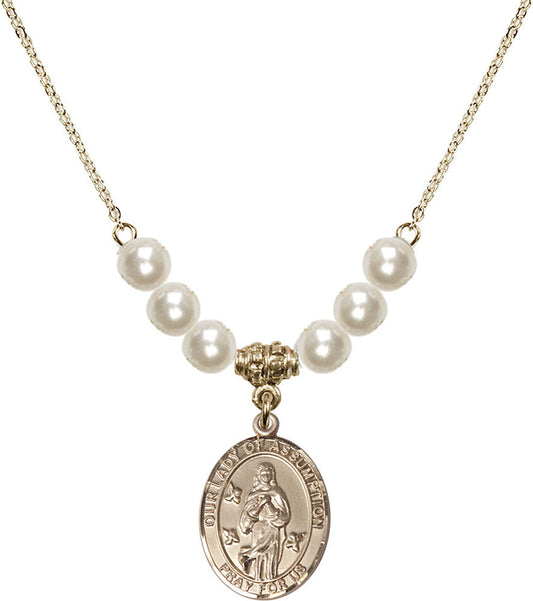 14kt Gold Filled Our Lady of Assumption Birthstone Necklace with Faux-Pearl Beads - 8388