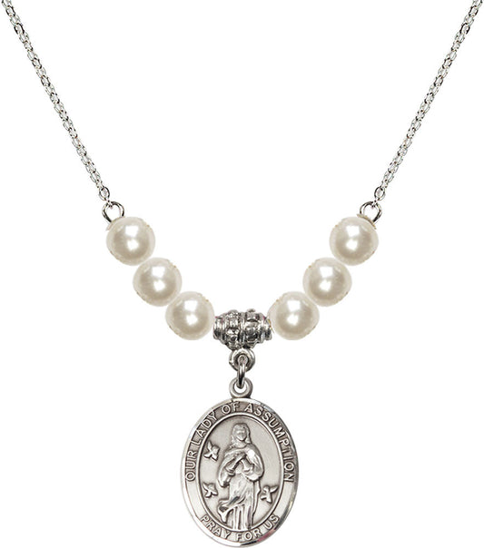 Sterling Silver Our Lady of Assumption Birthstone Necklace with Faux-Pearl Beads - 8388