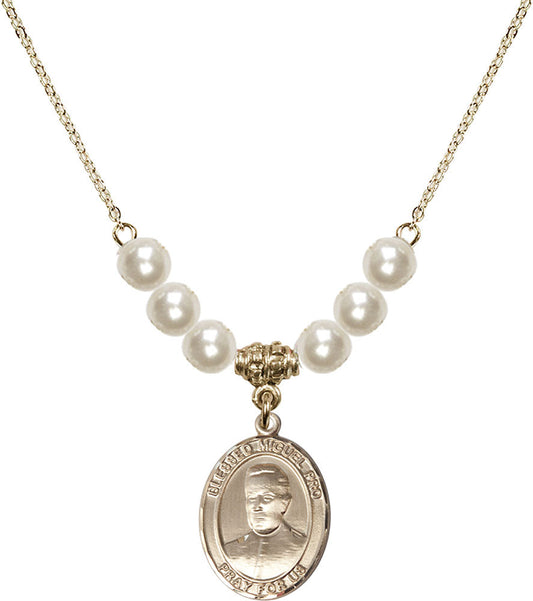 14kt Gold Filled Blessed Miguel Pro Birthstone Necklace with Faux-Pearl Beads - 8389