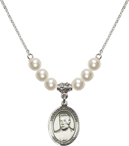 Sterling Silver Blessed Miguel Pro Birthstone Necklace with Faux-Pearl Beads - 8389