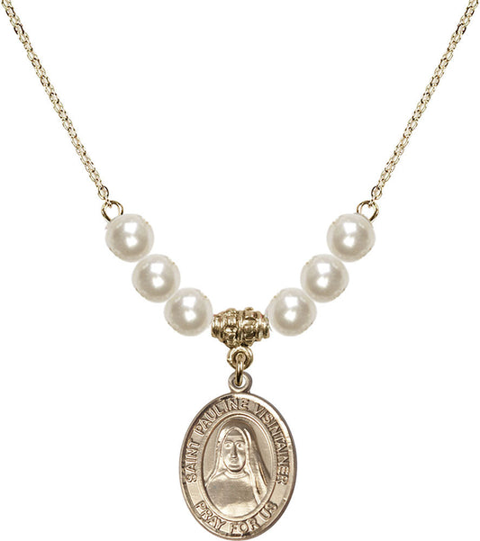 14kt Gold Filled Saint Pauline Visintainer Birthstone Necklace with Faux-Pearl Beads - 8391