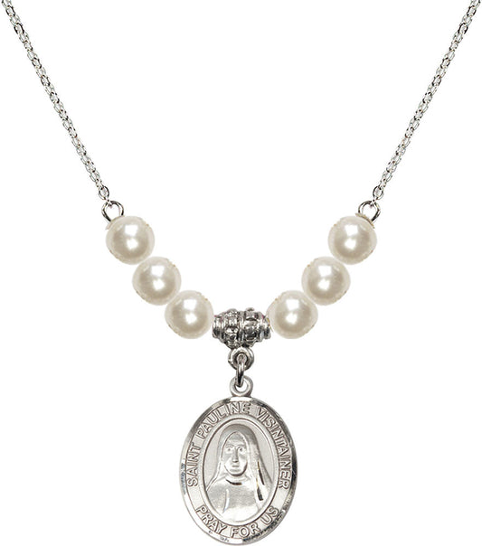 Sterling Silver Saint Pauline Visintainer Birthstone Necklace with Faux-Pearl Beads - 8391