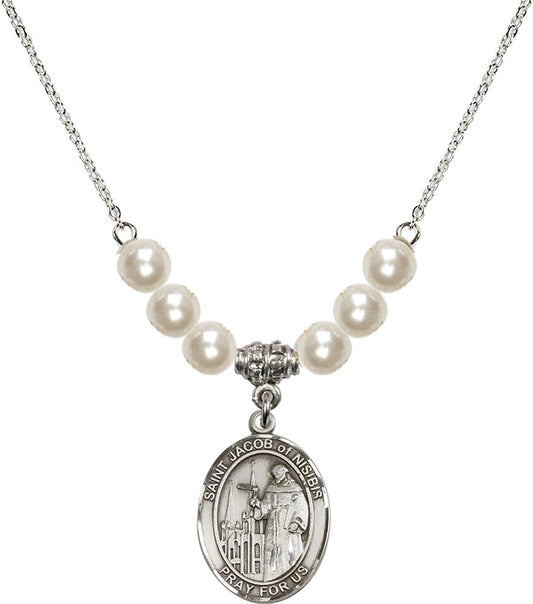 Sterling Silver Saint Jacob of Nisibis Birthstone Necklace with Faux-Pearl Beads - 8392