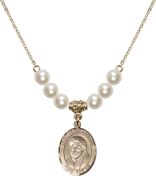 14kt Gold Filled Saint Peter Canisius Birthstone Necklace with Faux-Pearl Beads - 8393