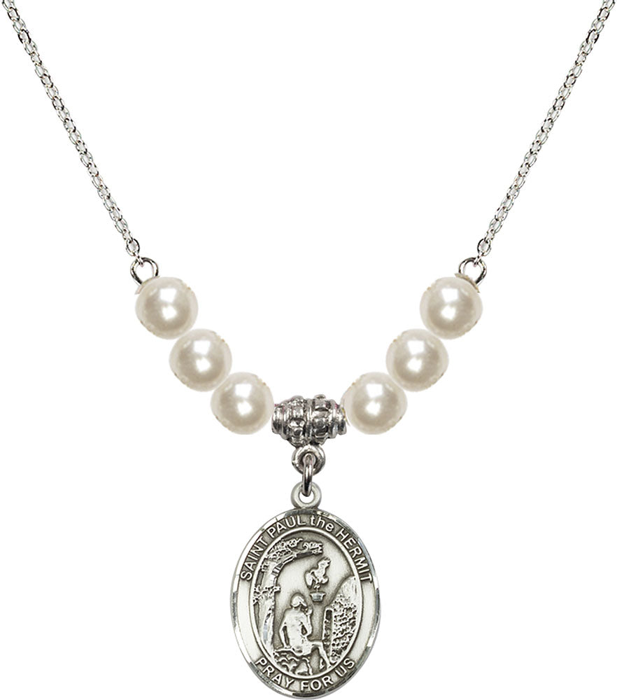 Sterling Silver Saint Paul the Hermit Birthstone Necklace with Faux-Pearl Beads - 8394