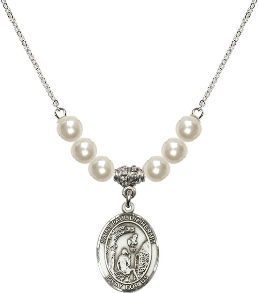 Sterling Silver Saint Paul the Hermit Birthstone Necklace with Faux-Pearl Beads - 8394