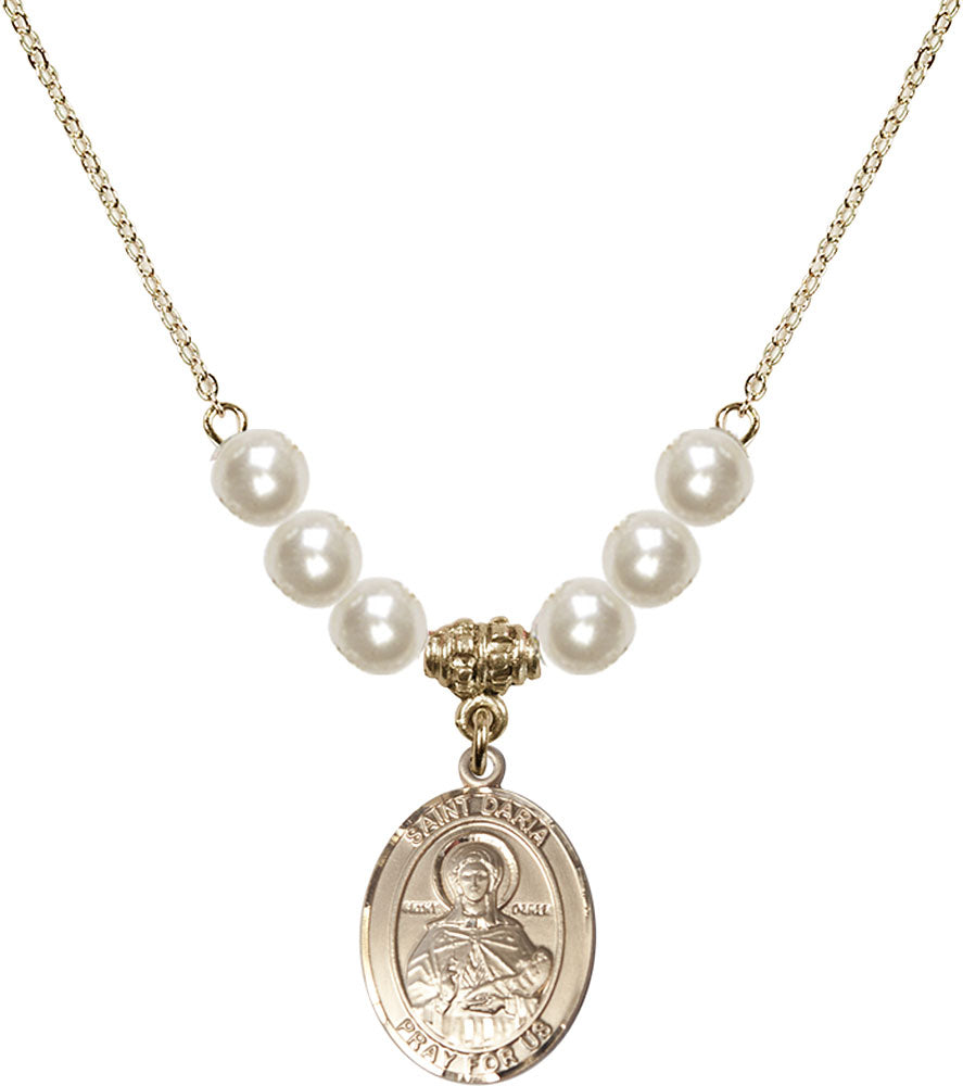 14kt Gold Filled Saint Daria Birthstone Necklace with Faux-Pearl Beads - 8396