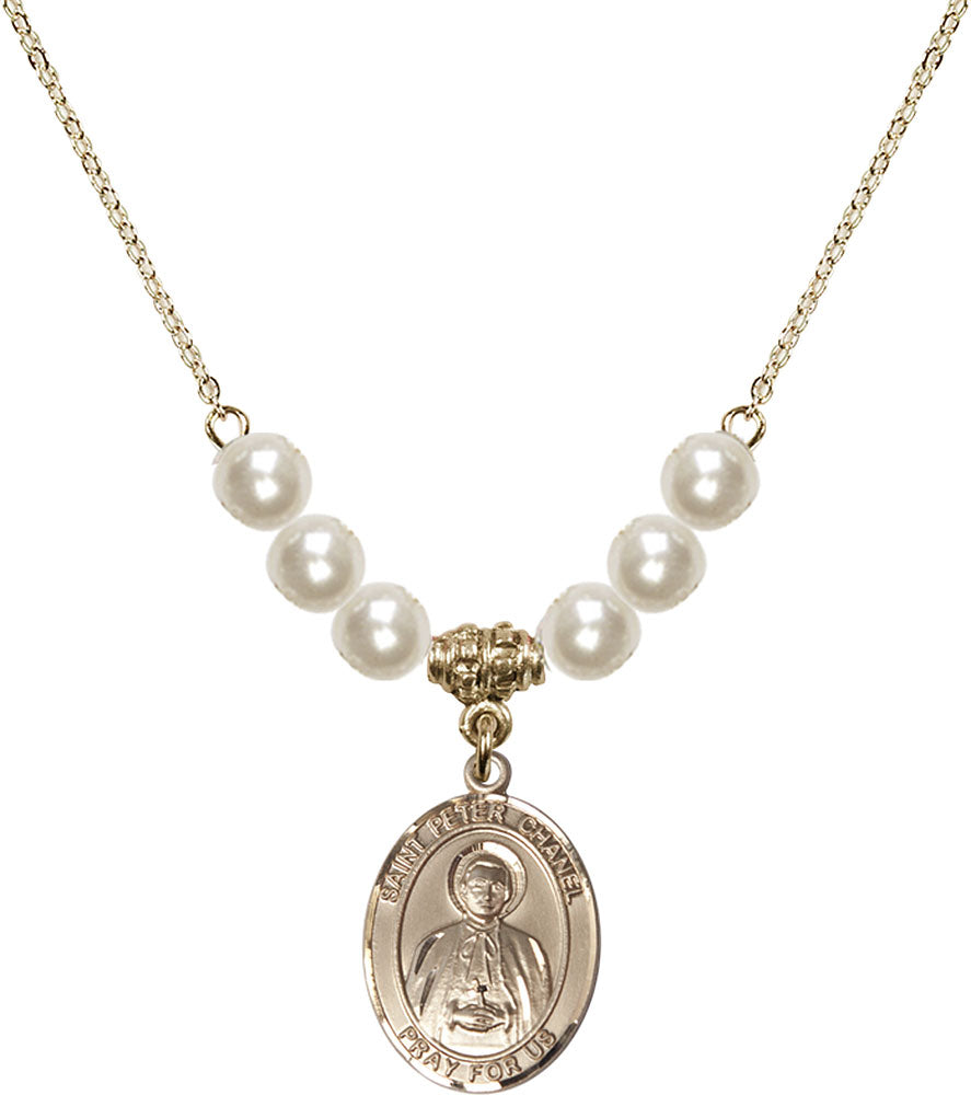 14kt Gold Filled Saint Peter Chanel Birthstone Necklace with Faux-Pearl Beads - 8397