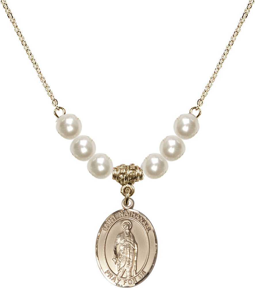 14kt Gold Filled Saint Nathanael Birthstone Necklace with Faux-Pearl Beads - 8398