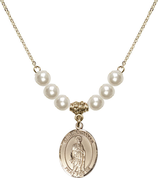 14kt Gold Filled Saint Nathanael Birthstone Necklace with Faux-Pearl Beads - 8398