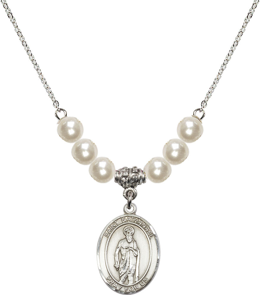 Sterling Silver Saint Nathanael Birthstone Necklace with Faux-Pearl Beads - 8398
