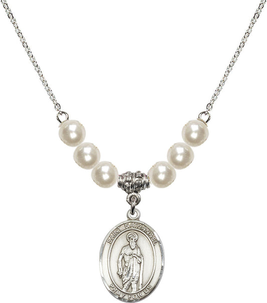 Sterling Silver Saint Nathanael Birthstone Necklace with Faux-Pearl Beads - 8398