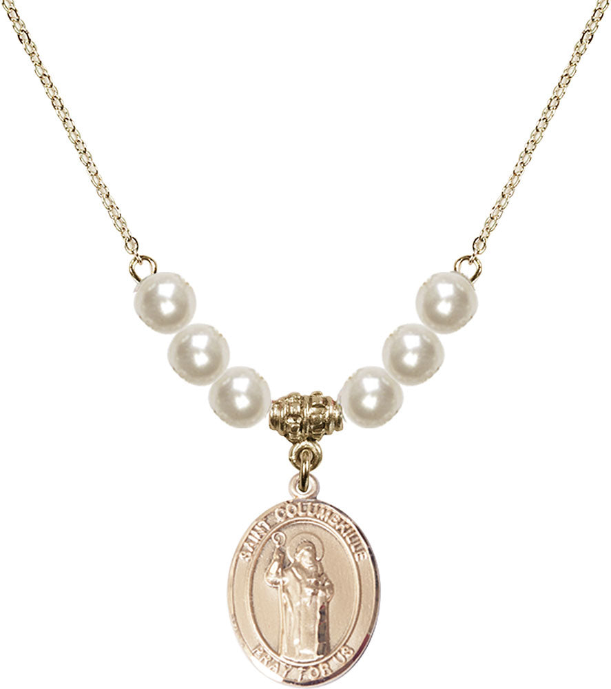 14kt Gold Filled Saint Columbkille Birthstone Necklace with Faux-Pearl Beads - 8399