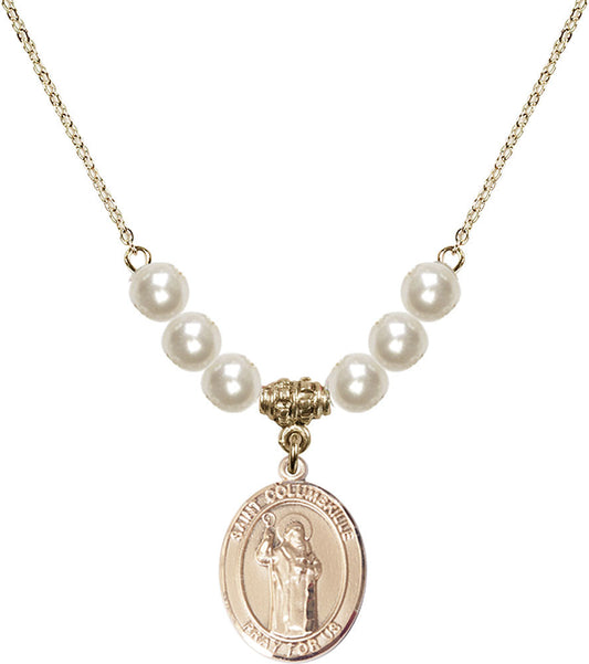 14kt Gold Filled Saint Columbkille Birthstone Necklace with Faux-Pearl Beads - 8399