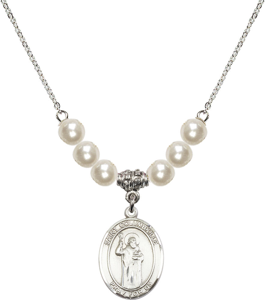 Sterling Silver Saint Columbkille Birthstone Necklace with Faux-Pearl Beads - 8399