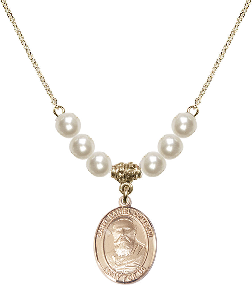 14kt Gold Filled Saint Daniel Comboni Birthstone Necklace with Faux-Pearl Beads - 8400