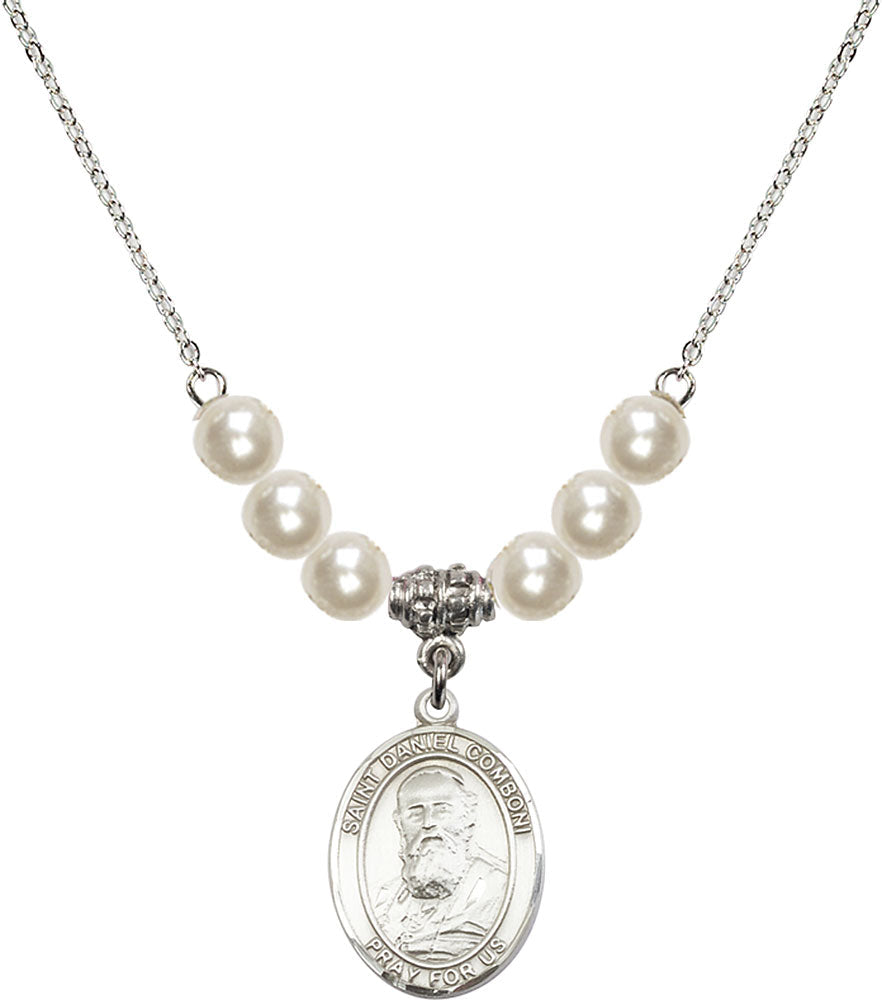 Sterling Silver Saint Daniel Comboni Birthstone Necklace with Faux-Pearl Beads - 8400