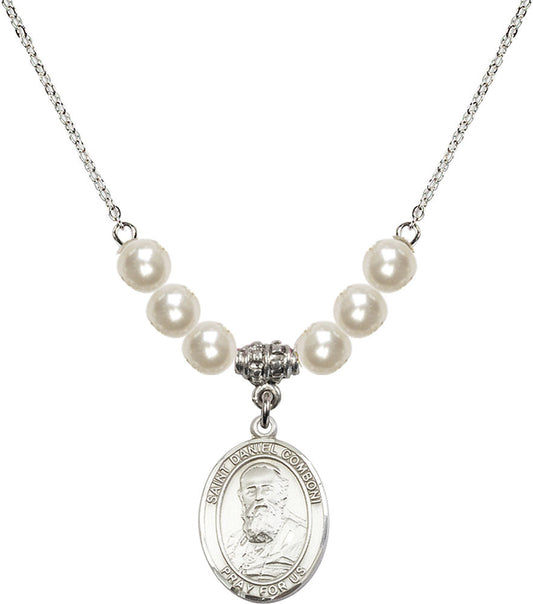 Sterling Silver Saint Daniel Comboni Birthstone Necklace with Faux-Pearl Beads - 8400