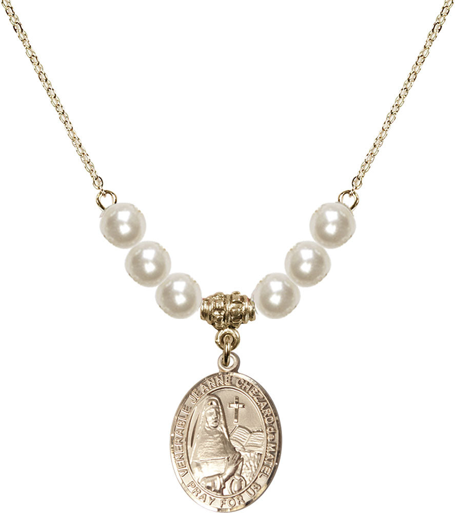 14kt Gold Filled Saint Jeanne Chezard de Matel Birthstone Necklace with Faux-Pearl Beads - 8401