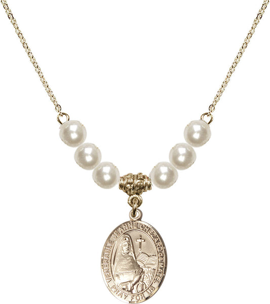 14kt Gold Filled Saint Jeanne Chezard de Matel Birthstone Necklace with Faux-Pearl Beads - 8401