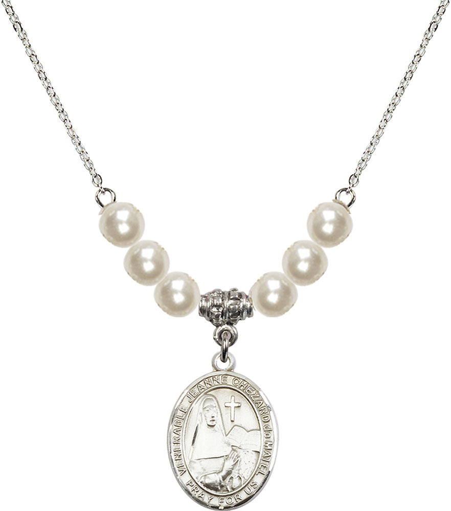 Sterling Silver Saint Jeanne Chezard de Matel Birthstone Necklace with Faux-Pearl Beads - 8401