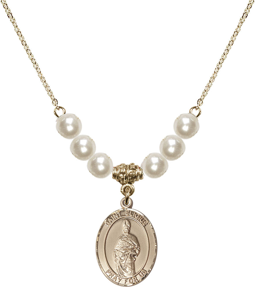 14kt Gold Filled Saint Eligius Birthstone Necklace with Faux-Pearl Beads - 8402
