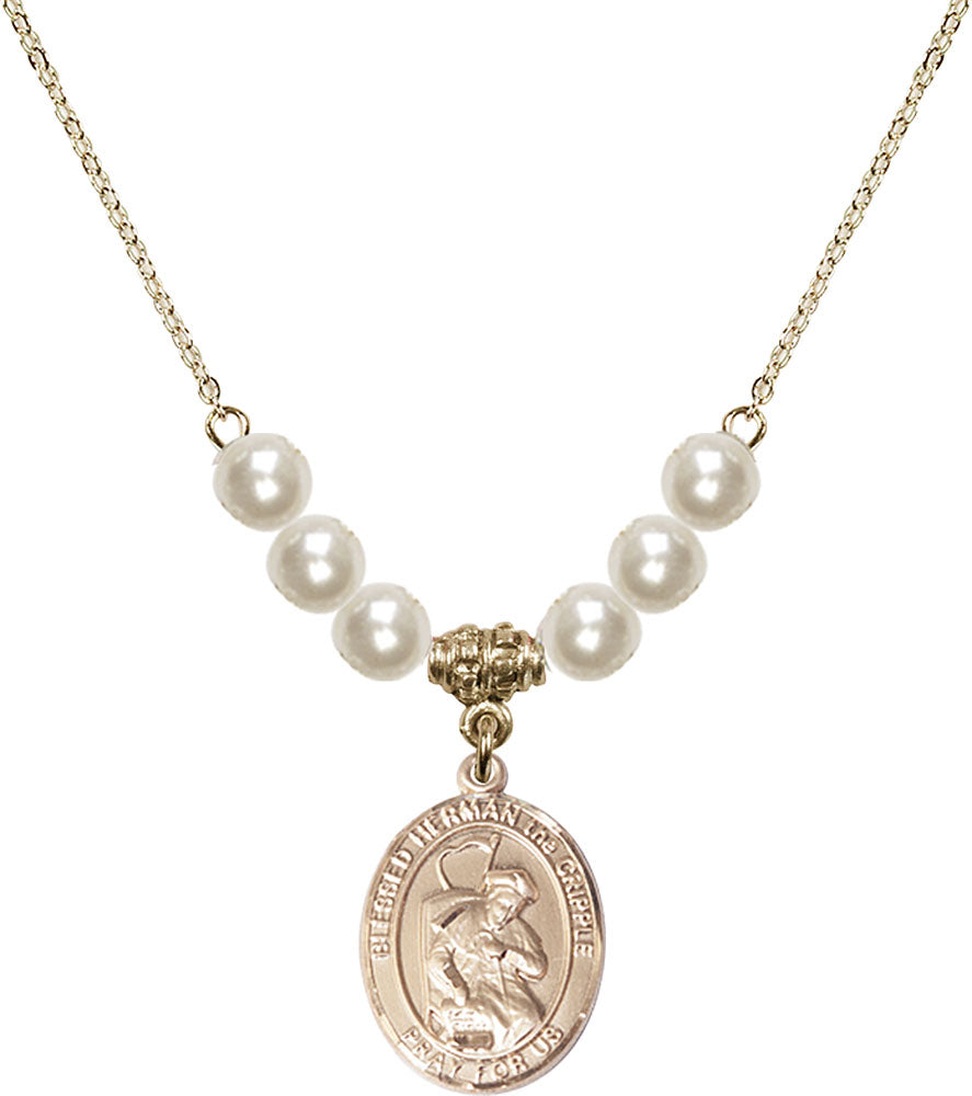 14kt Gold Filled Blessed Herman the Cripple Birthstone Necklace with Faux-Pearl Beads - 8403