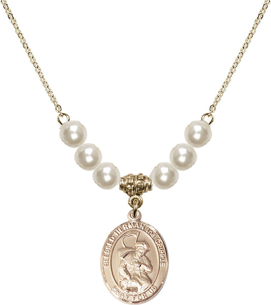 14kt Gold Filled Blessed Herman the Cripple Birthstone Necklace with Faux-Pearl Beads - 8403