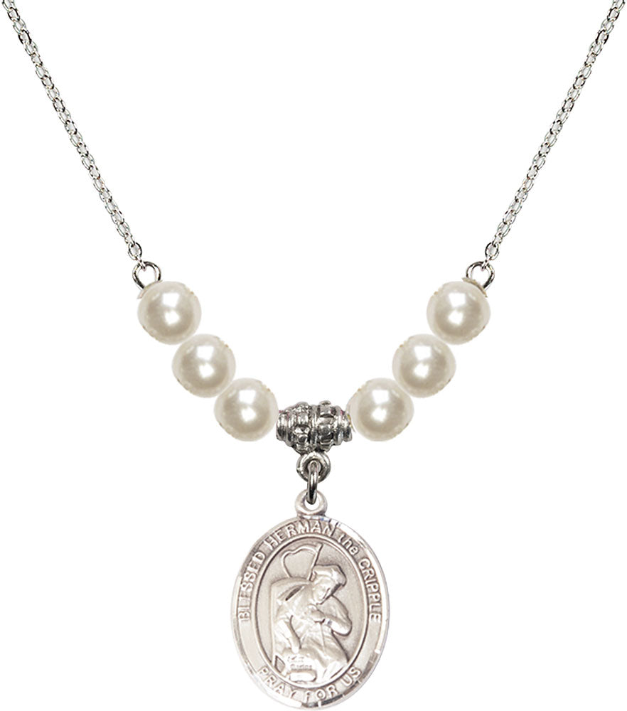 Sterling Silver Blessed Herman the Cripple Birthstone Necklace with Faux-Pearl Beads - 8403