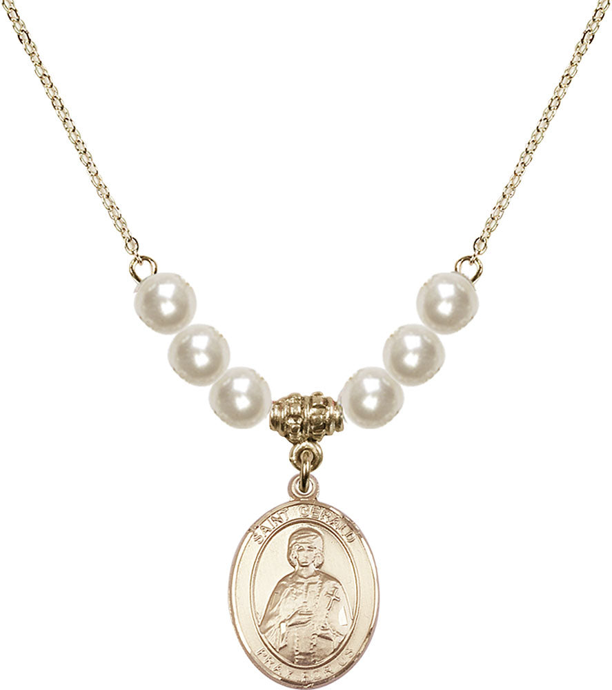 14kt Gold Filled Saint Gerald Birthstone Necklace with Faux-Pearl Beads - 8404