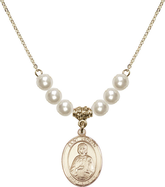 14kt Gold Filled Saint Gerald Birthstone Necklace with Faux-Pearl Beads - 8404