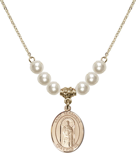 14kt Gold Filled Saint Seraphina Birthstone Necklace with Faux-Pearl Beads - 8405