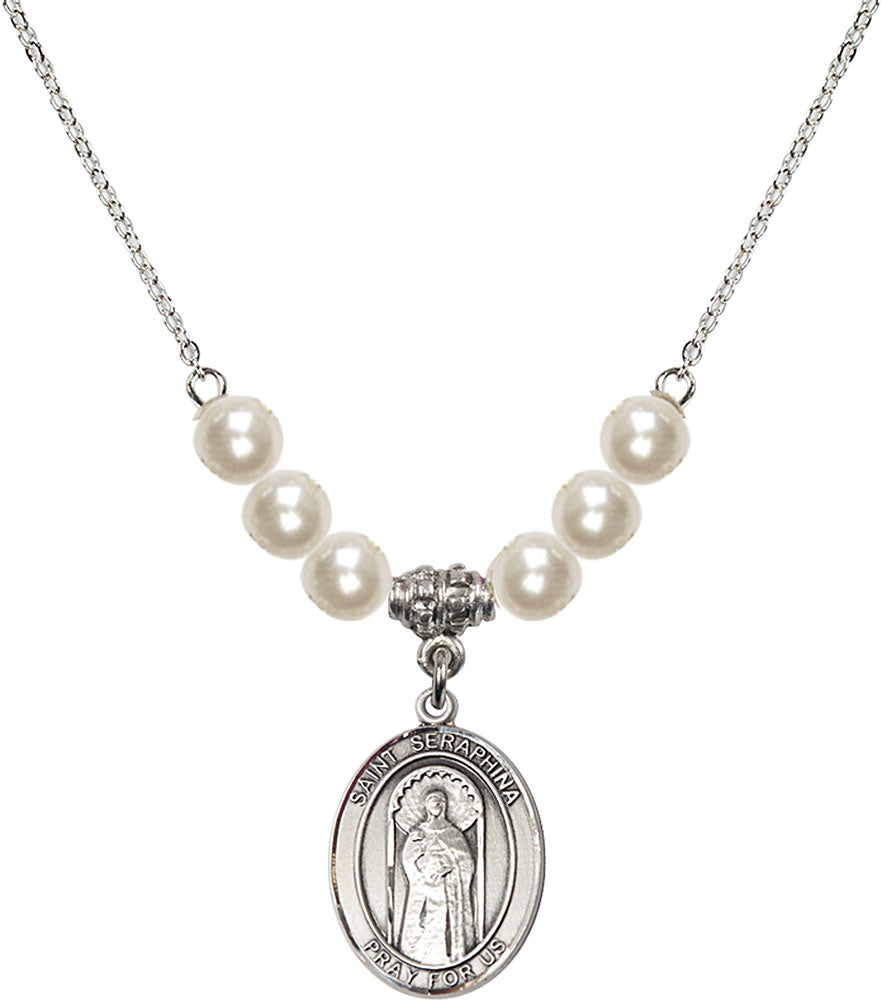 Sterling Silver Saint Seraphina Birthstone Necklace with Faux-Pearl Beads - 8405