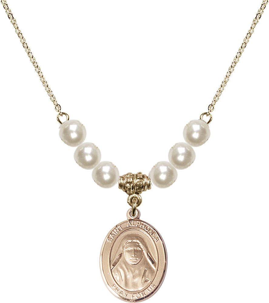 14kt Gold Filled Saint Alphonsa of India Birthstone Necklace with Faux-Pearl Beads - 8406