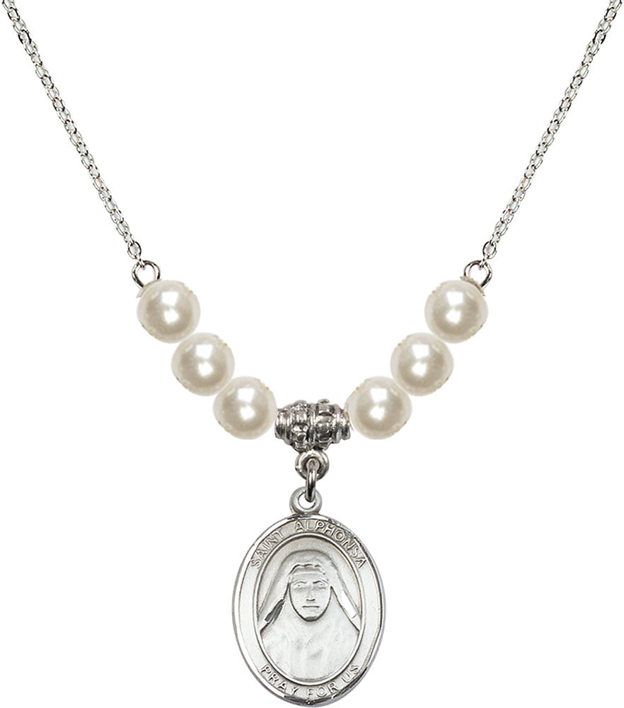 Sterling Silver Saint Alphonsa of India Birthstone Necklace with Faux-Pearl Beads - 8406