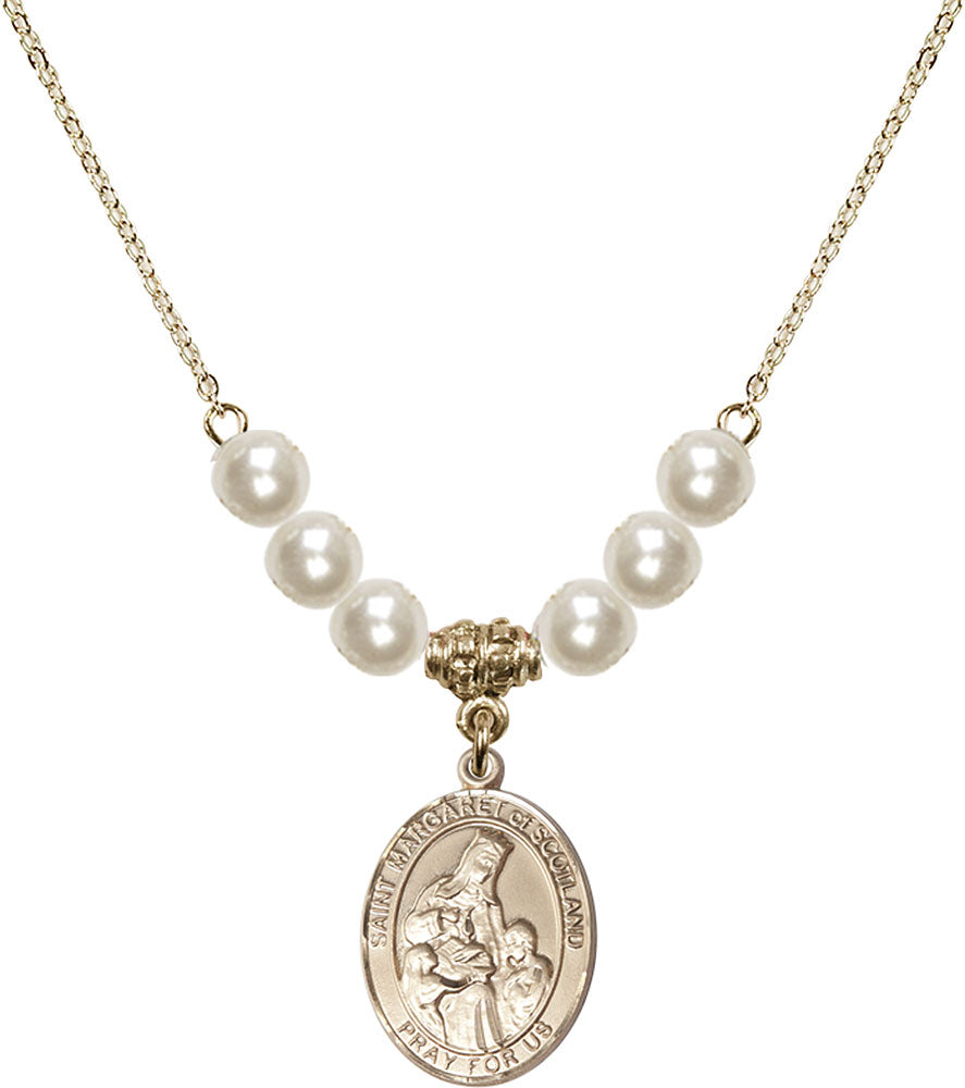 14kt Gold Filled Saint Margaret of Scotland Birthstone Necklace with Faux-Pearl Beads - 8407