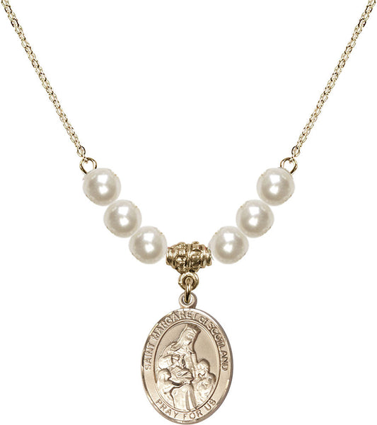 14kt Gold Filled Saint Margaret of Scotland Birthstone Necklace with Faux-Pearl Beads - 8407