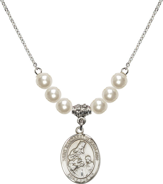 Sterling Silver Saint Margaret of Scotland Birthstone Necklace with Faux-Pearl Beads - 8407