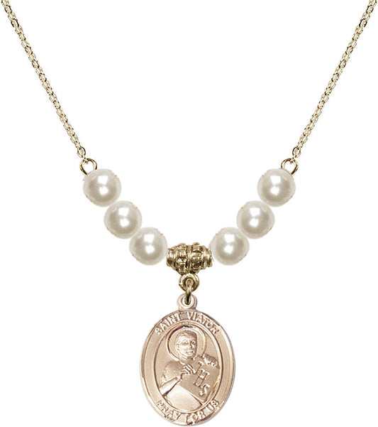 14kt Gold Filled Saint Viator of Bergamo Birthstone Necklace with Faux-Pearl Beads - 8408
