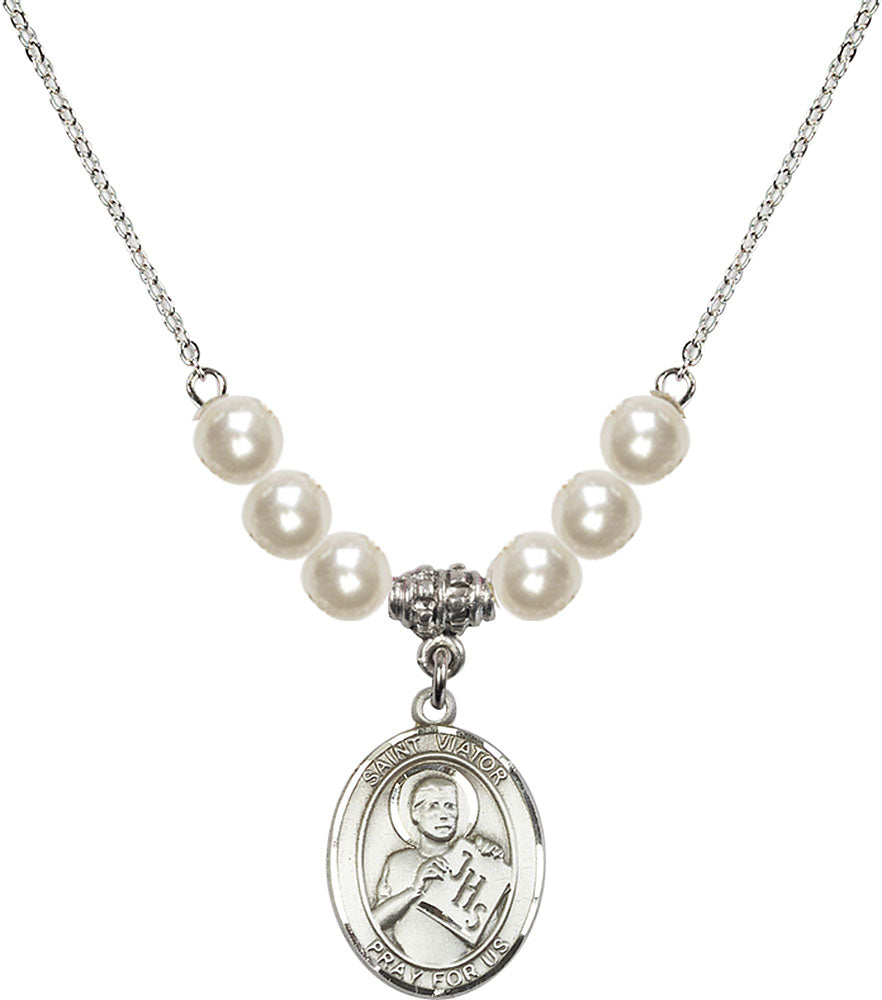 Sterling Silver Saint Viator of Bergamo Birthstone Necklace with Faux-Pearl Beads - 8408