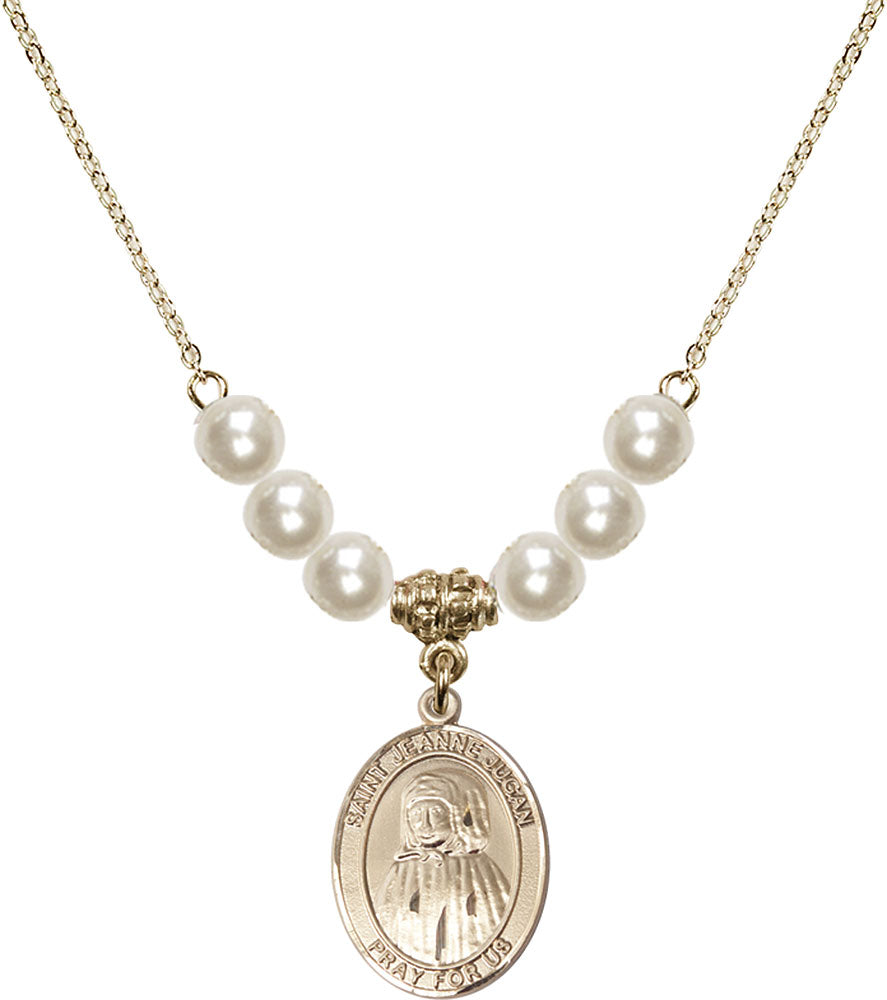 14kt Gold Filled Saint Jeanne Jugan Birthstone Necklace with Faux-Pearl Beads - 8409