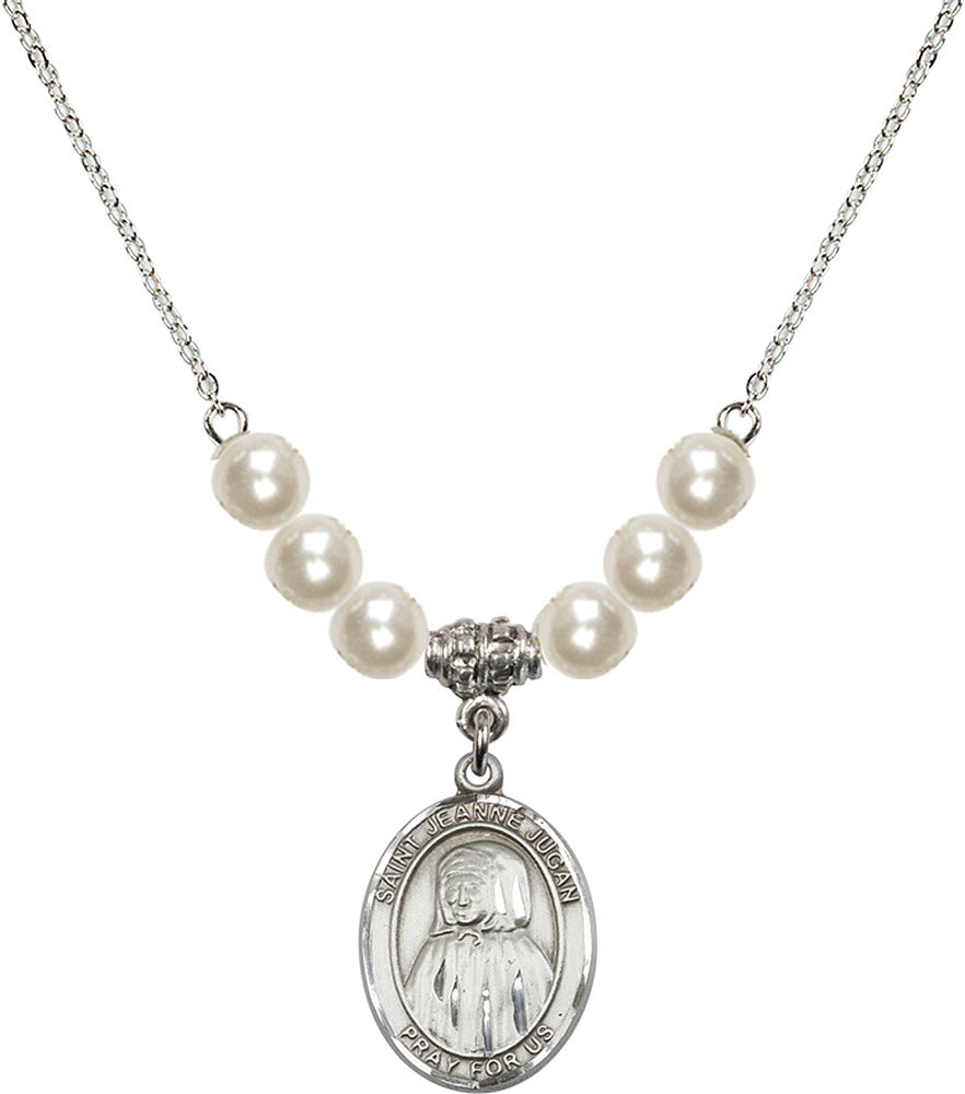Sterling Silver Saint Jeanne Jugan Birthstone Necklace with Faux-Pearl Beads - 8409